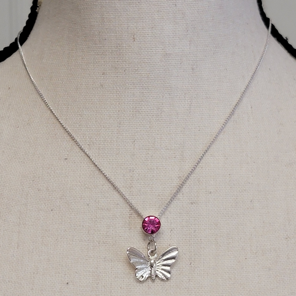 Adult‎ Jewels Butterfly Necklace 18" Pink Faux Gemstone Silver Tone Pendant Gift